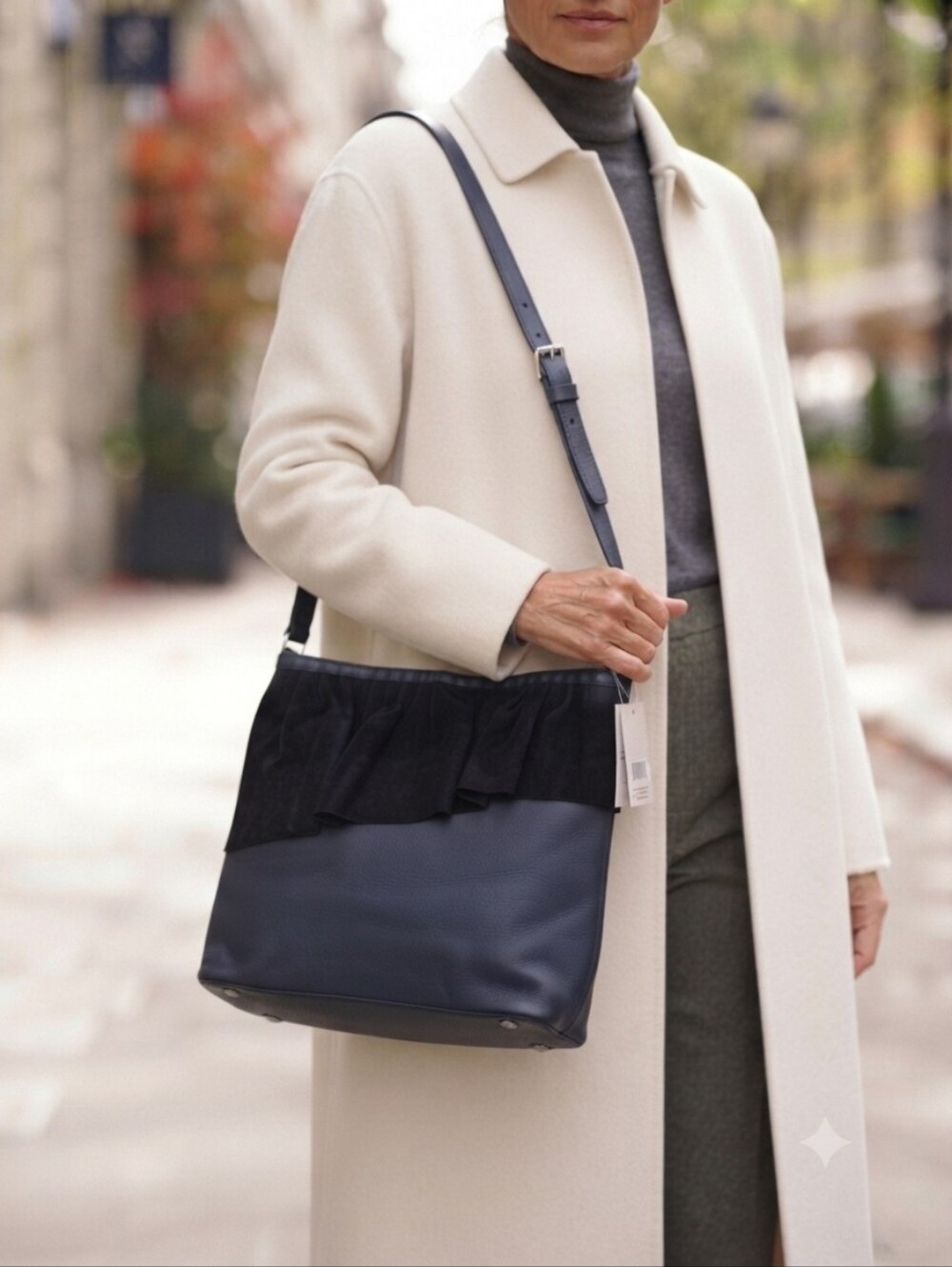 Marie Turnor "The Ruffle" Navy Leather & Suede Crossbody Bag *As Seen in Vogue*